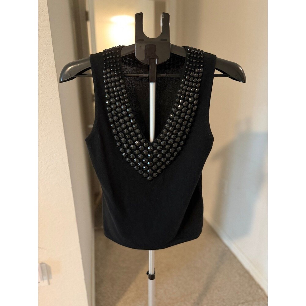 JAEGER Wool and Cashmere Sleeveless Beaded Neckline Knit Top Made in Hong Kong